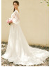 Long Sleeves Ivory Tulle V Back Charming Wedding Dress